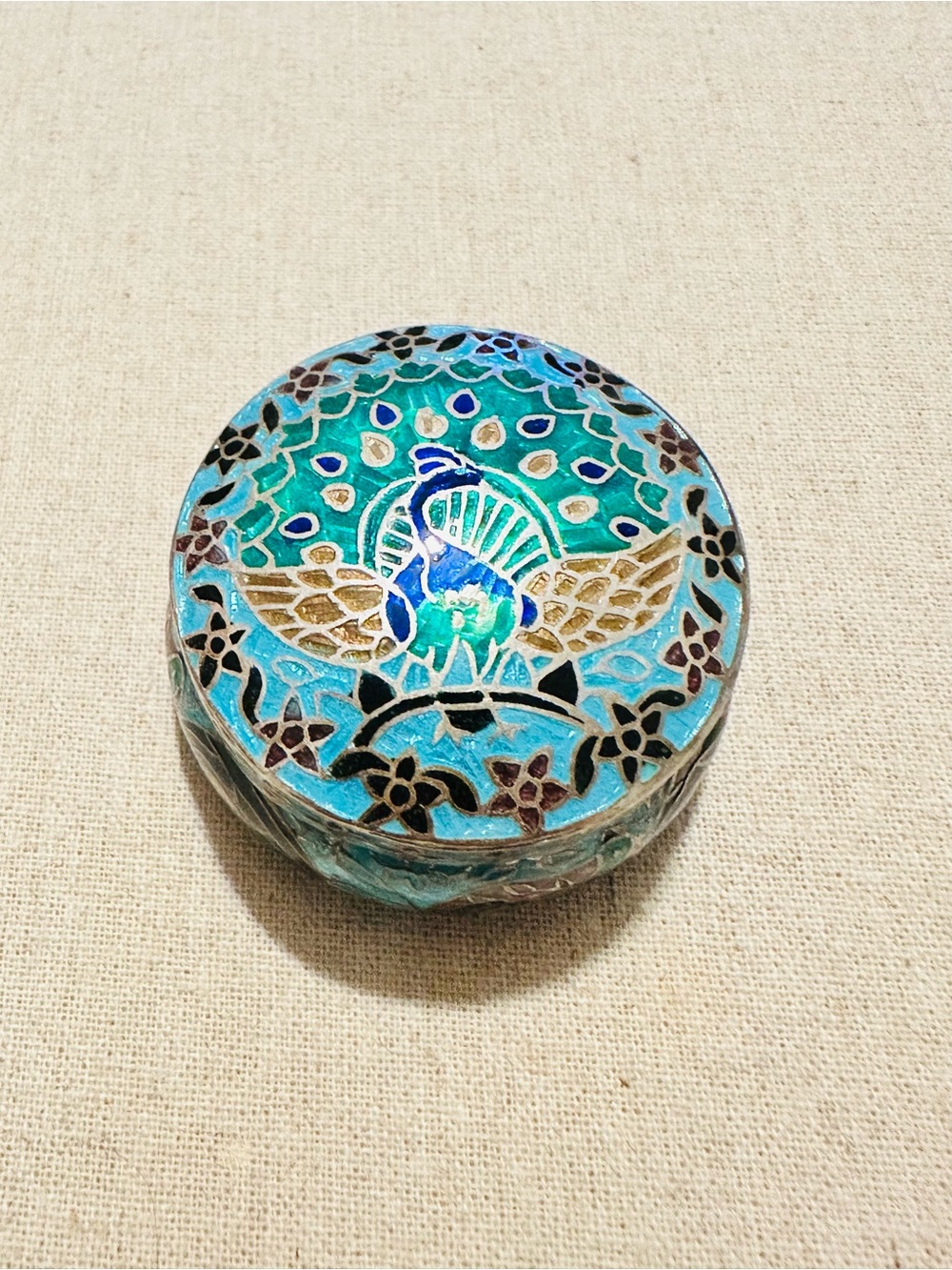 Vintage | Trinket Box | Vintage Enamel Turquoise Trinket Box with Peacock Motif